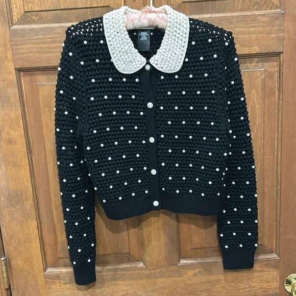 Alice Olivia Collins crochet pearl black sweater cardigan large L - Picture 3 of 8